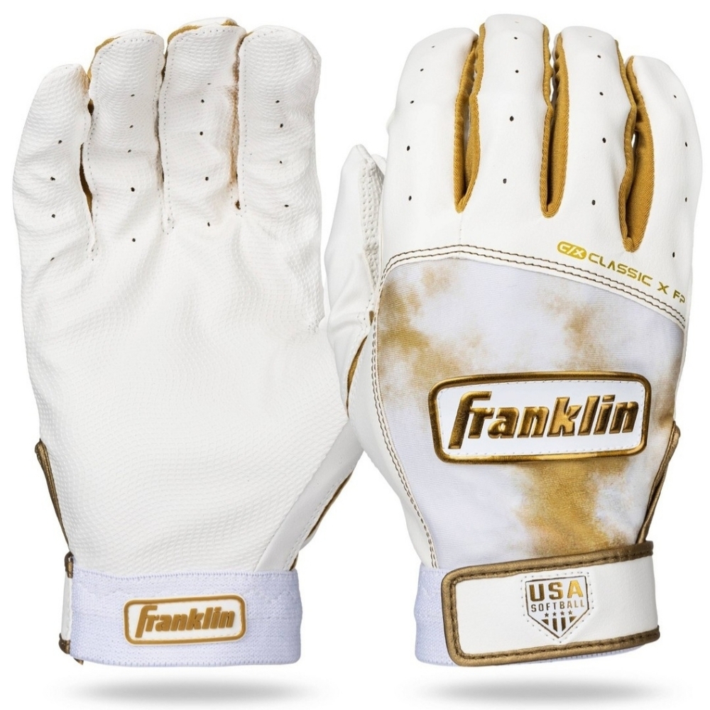 Kids White and Gold Softball Batting Gloves